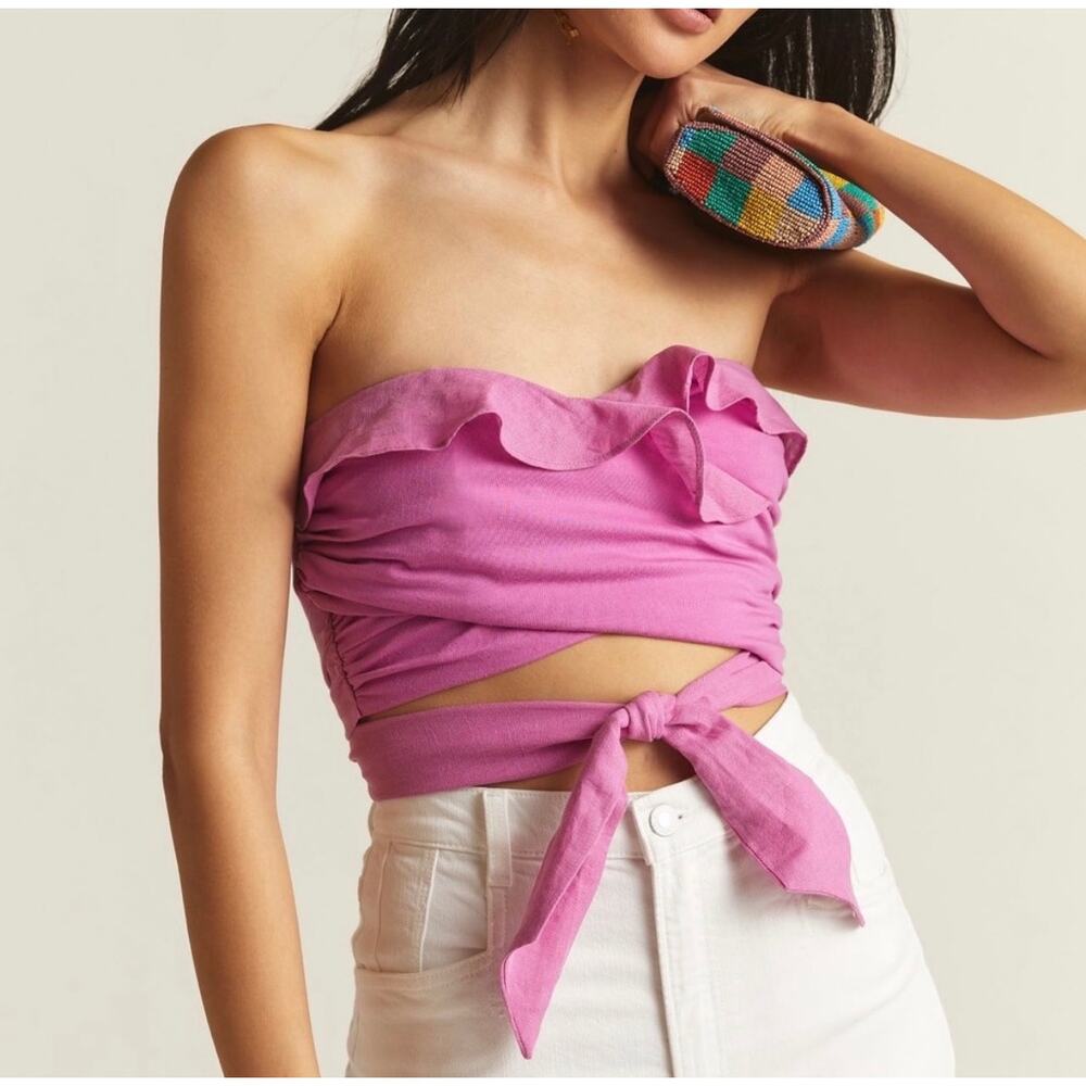 Anthropologie Ruffled Tie Front Cropped Tube Top Cotton Stretch Strapless Smock